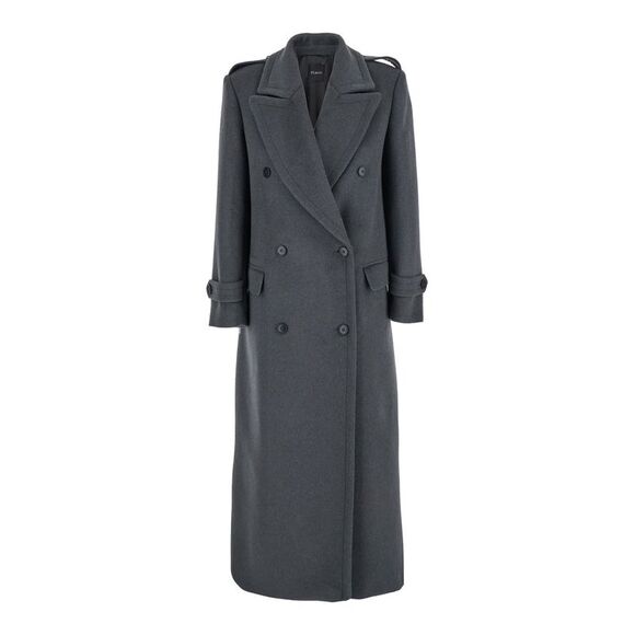 Plain Women Grey Double-Breasted Coat With Wide Notched Revers In Wool Woman